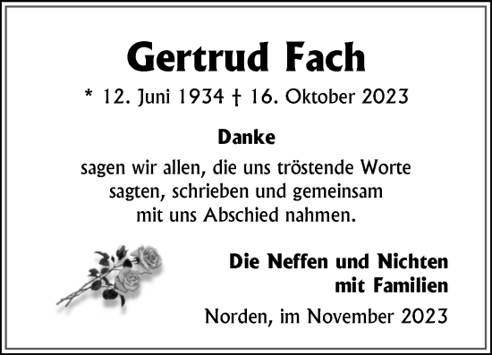 Traueranzeige von Gertrud Fach von Ostfriesischer Kurier GmbH