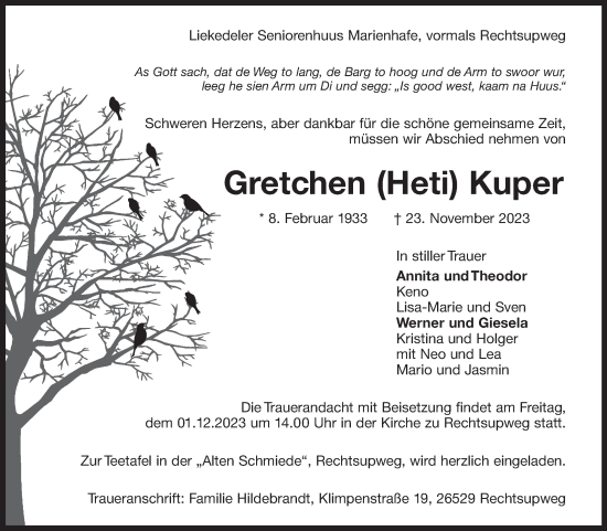 Traueranzeige von Gretchen  Kuper von Ostfriesischer Kurier GmbH