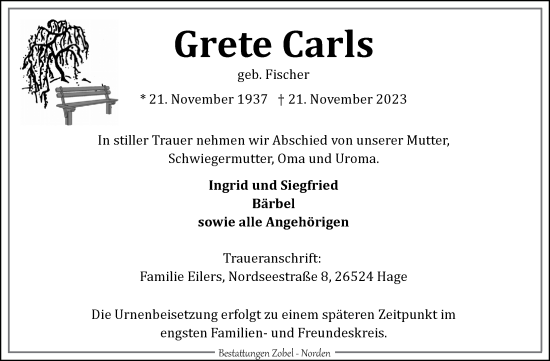 Traueranzeige von Grete Carls von Ostfriesischer Kurier GmbH
