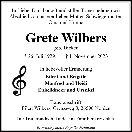 Traueranzeige von Grete Wilbers von Ostfriesischer Kurier GmbH