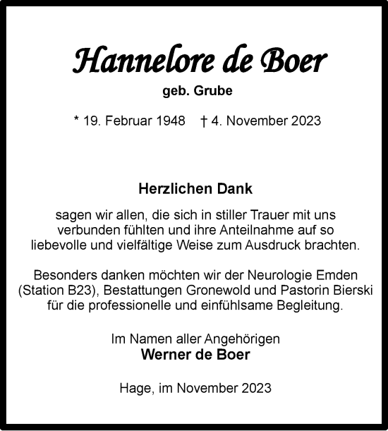Traueranzeige von Hannelore de Boer von Ostfriesischer Kurier GmbH