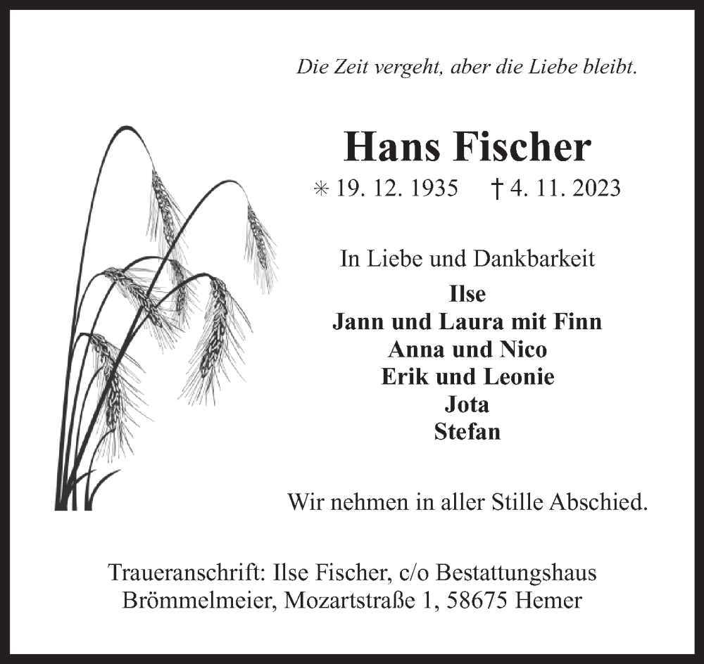  Traueranzeige für Hans Fischer vom 11.11.2023 aus Ostfriesischer Kurier GmbH