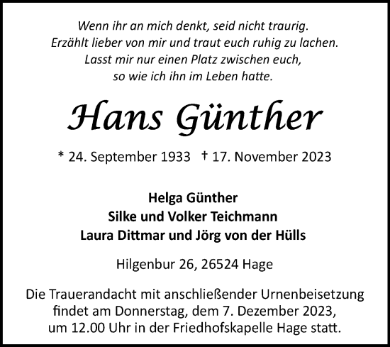 Traueranzeige von Hans Günther von Ostfriesischer Kurier GmbH