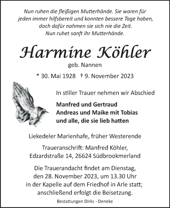 Traueranzeige von Harmine Köhler von Ostfriesischer Kurier GmbH