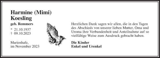 Traueranzeige von Harmine Koesling von Ostfriesischer Kurier GmbH