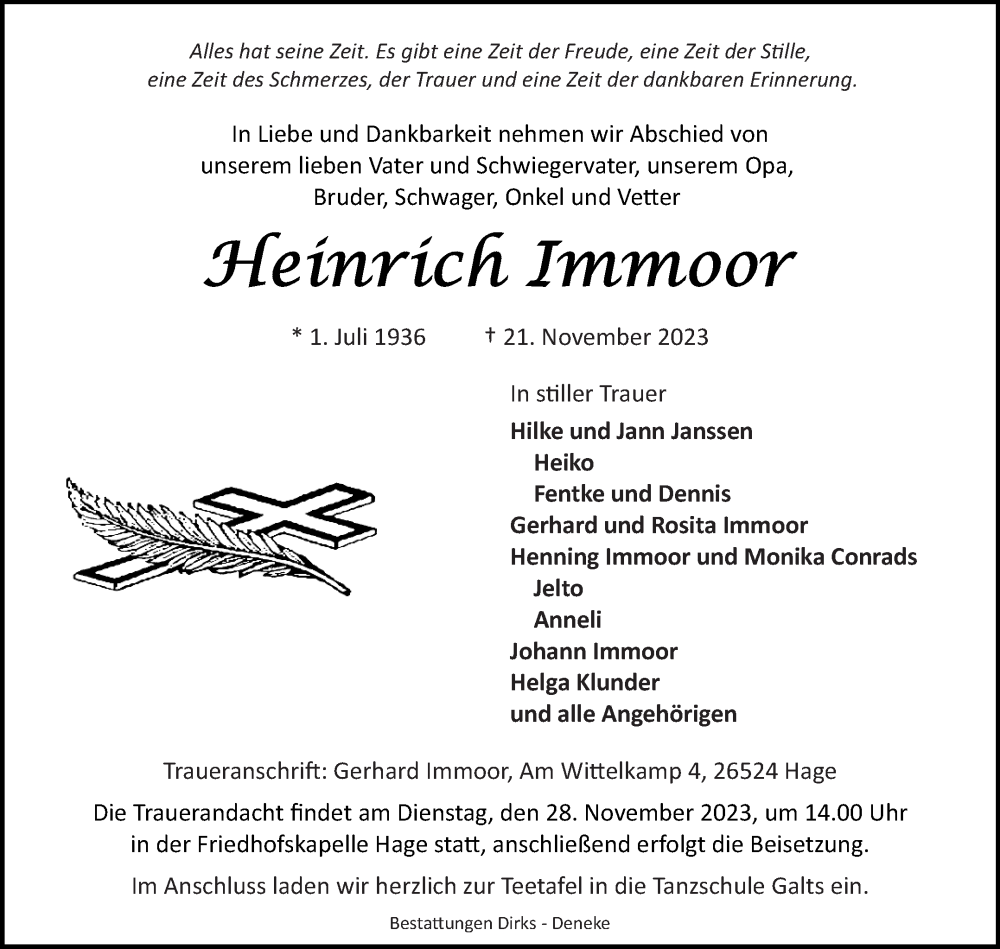  Traueranzeige für Heinrich Immoor vom 24.11.2023 aus Ostfriesischer Kurier GmbH