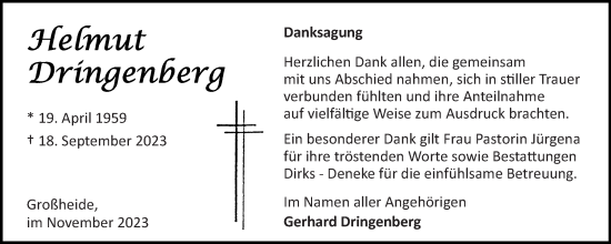 Traueranzeige von Helmut Dringenberg von Ostfriesischer Kurier GmbH