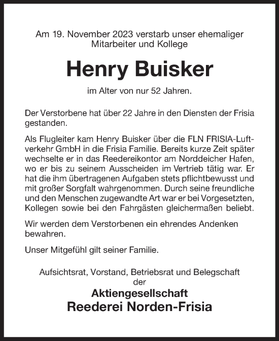 Traueranzeige von Henry Buisker von Ostfriesischer Kurier GmbH