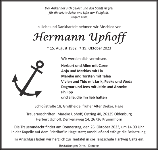 Traueranzeige von Hermann Uphoff von Ostfriesischer Kurier GmbH