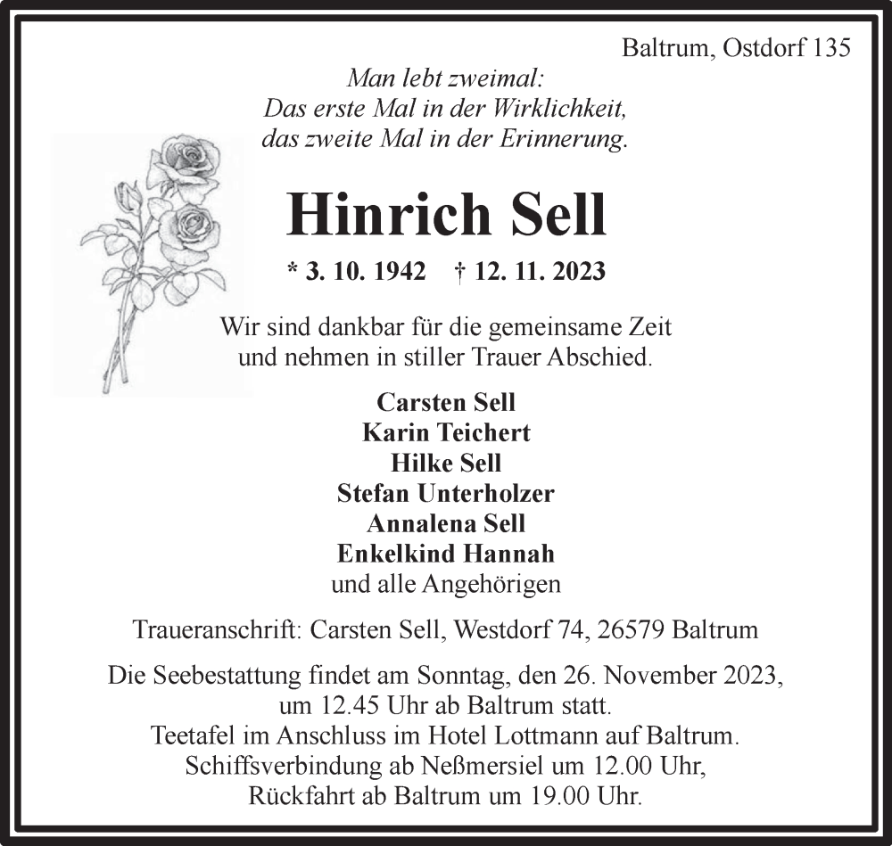  Traueranzeige für Hinrich Sell vom 18.11.2023 aus Ostfriesischer Kurier GmbH
