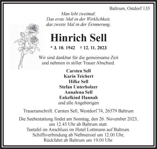 Traueranzeige von Hinrich Sell von Ostfriesischer Kurier GmbH