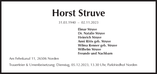 Traueranzeige von Horst Struve von Ostfriesischer Kurier GmbH
