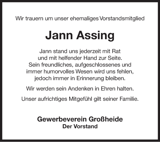 Traueranzeige von Jann Assing von Ostfriesischer Kurier GmbH