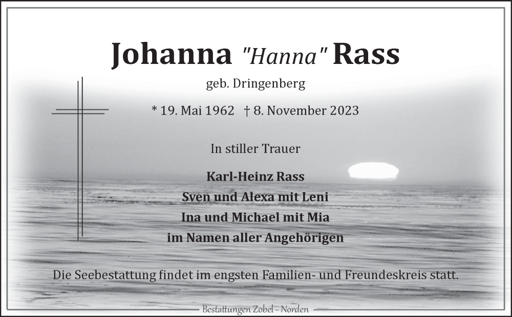 Traueranzeige für Johanna Rass vom 13.11.2023 aus Ostfriesischer Kurier GmbH