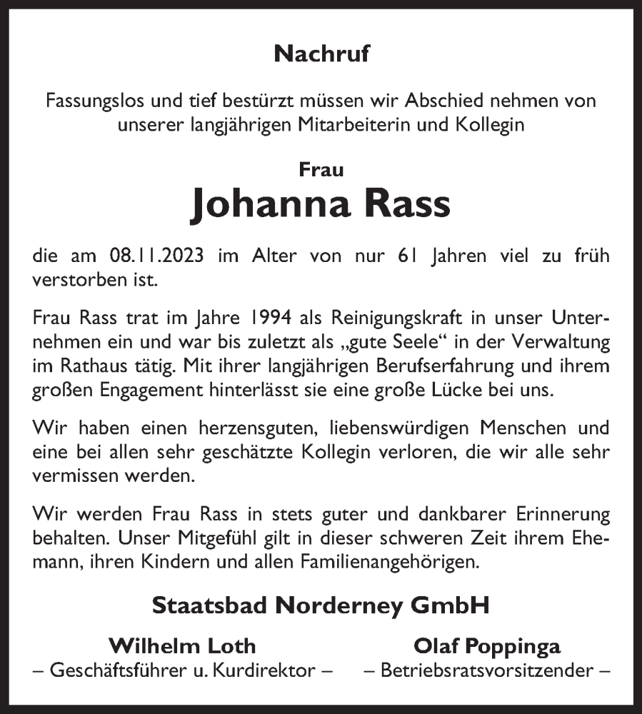  Traueranzeige für Johanna Rass vom 15.11.2023 aus Ostfriesischer Kurier GmbH