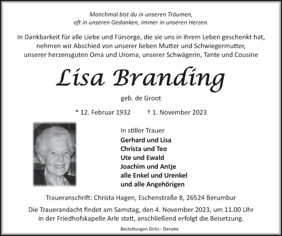 Traueranzeige von Lisa Branding von Ostfriesischer Kurier GmbH