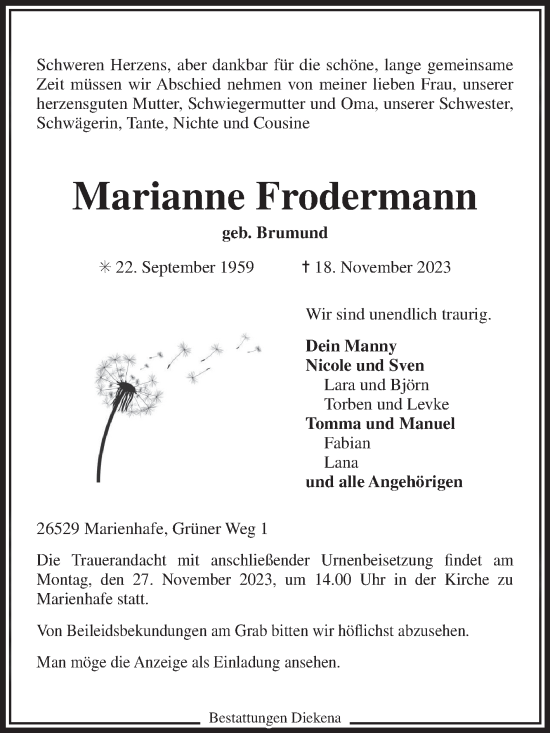 Traueranzeige von Marianne Frodermann von Ostfriesischer Kurier GmbH
