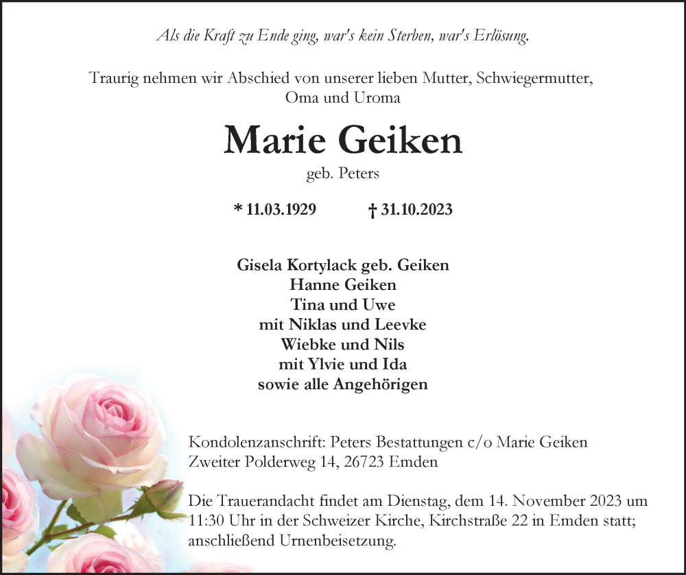  Traueranzeige für Marie Geiken vom 04.11.2023 aus Ostfriesischer Kurier GmbH