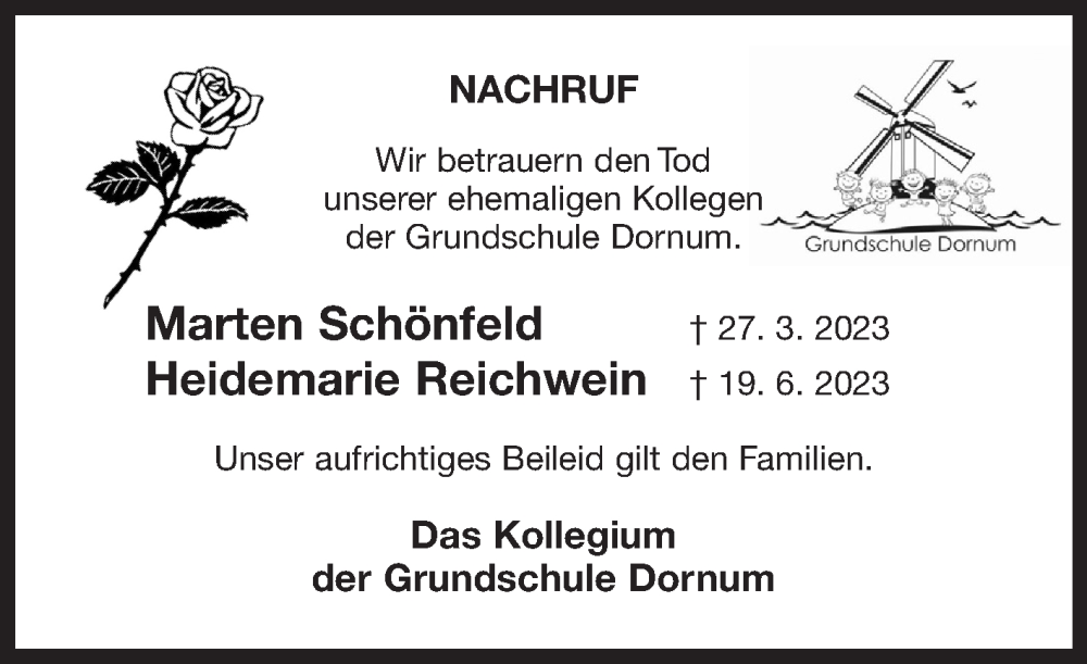  Traueranzeige für Marten und Heidemarie Schönfeld und Reichwein vom 25.11.2023 aus Ostfriesischer Kurier GmbH