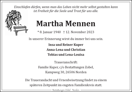 Traueranzeige von Martha Mennen von Ostfriesischer Kurier GmbH