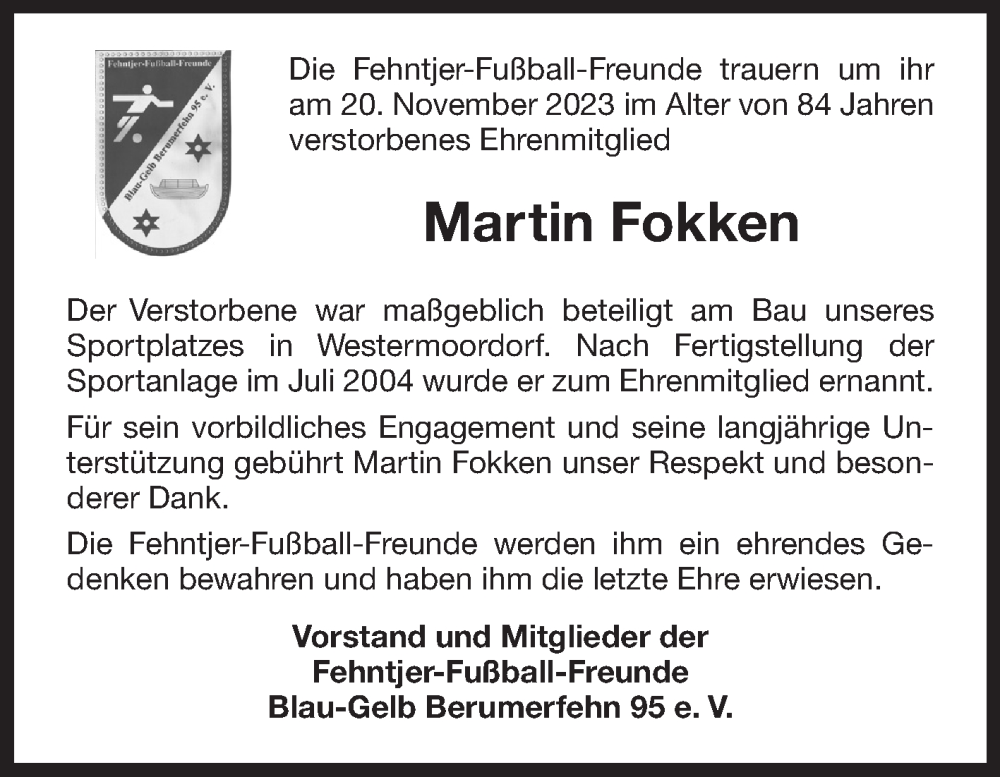  Traueranzeige für Martin Fokken vom 28.11.2023 aus Ostfriesischer Kurier GmbH