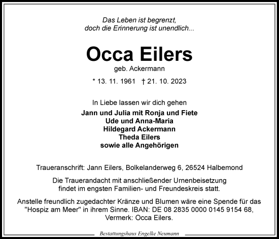 Traueranzeige von Occa Eilers von Ostfriesischer Kurier GmbH