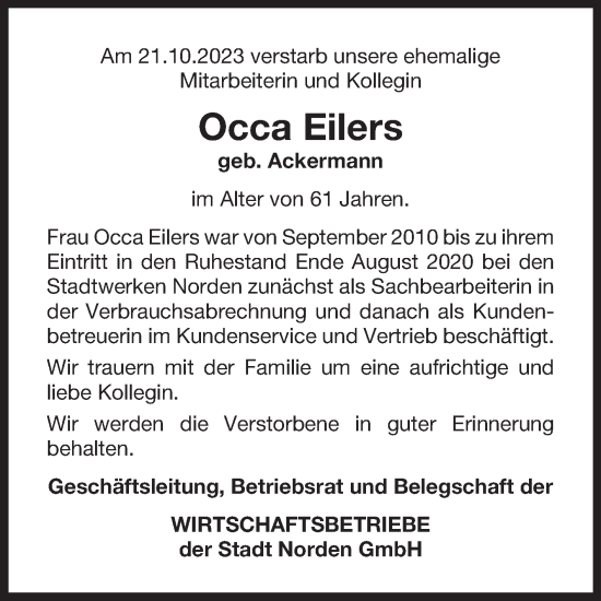 Traueranzeige von Occa Eilers von Ostfriesischer Kurier GmbH