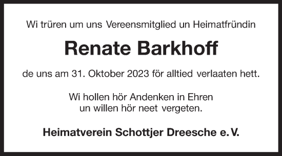 Traueranzeige von Renate Barkhoff von Ostfriesischer Kurier GmbH