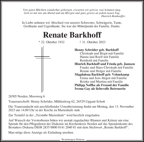 Traueranzeige von Renate Barkhoff von Ostfriesischer Kurier GmbH