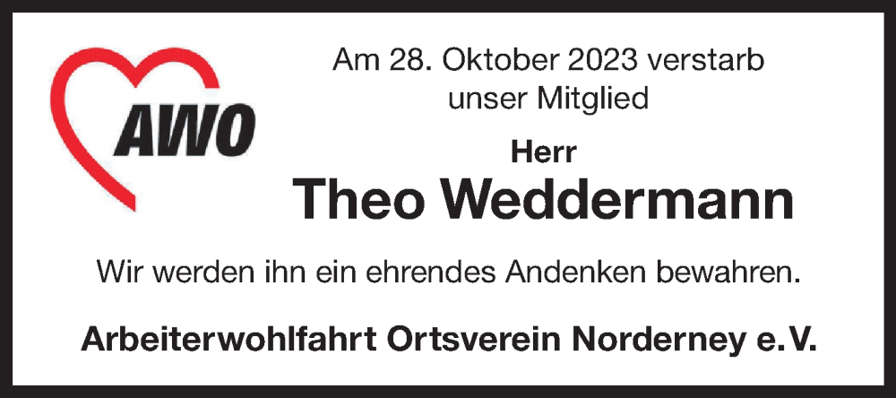  Traueranzeige für Theo Weddermann vom 03.11.2023 aus Ostfriesischer Kurier GmbH