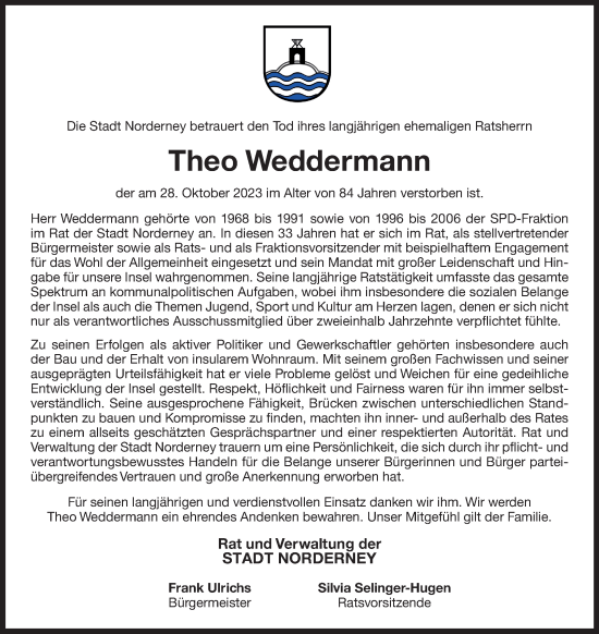 Traueranzeige von Theo Weddermann von Ostfriesischer Kurier GmbH