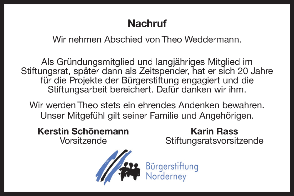  Traueranzeige für Theo Weddermann vom 07.11.2023 aus Ostfriesischer Kurier GmbH