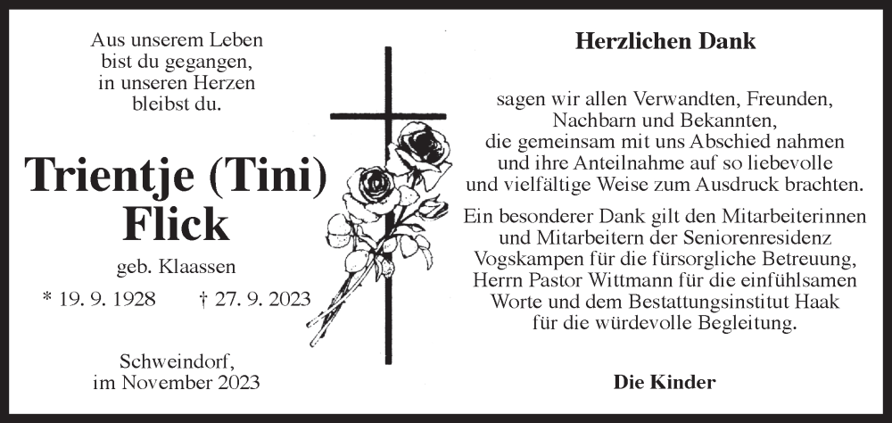  Traueranzeige für Trientje Flick vom 08.11.2023 aus Ostfriesischer Kurier GmbH