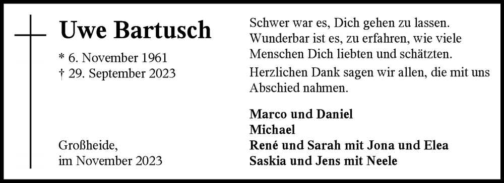  Traueranzeige für Uwe Bartusch vom 11.11.2023 aus Ostfriesischer Kurier GmbH