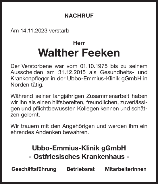Traueranzeige von Walther Feeken von Ostfriesischer Kurier GmbH