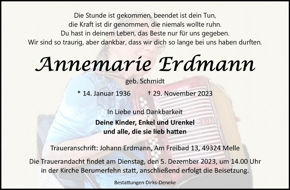  Traueranzeige für Annemarie Erdmann vom 01.12.2023 aus Ostfriesischer Kurier GmbH