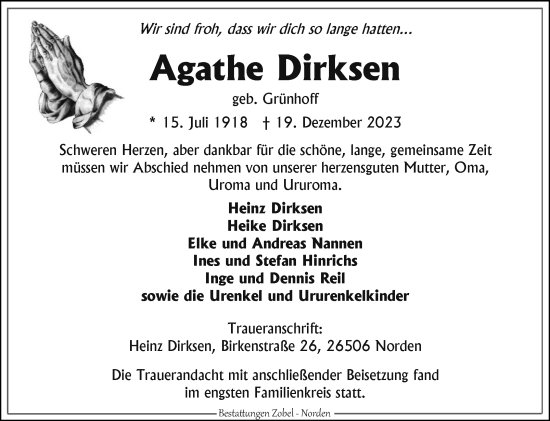 Traueranzeige von Agathe Dirksen von Ostfriesischer Kurier GmbH