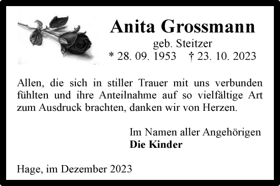 Traueranzeige von Anita Grossmann von Ostfriesischer Kurier GmbH