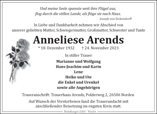 Traueranzeige von Anneliese Arends von Ostfriesischer Kurier GmbH
