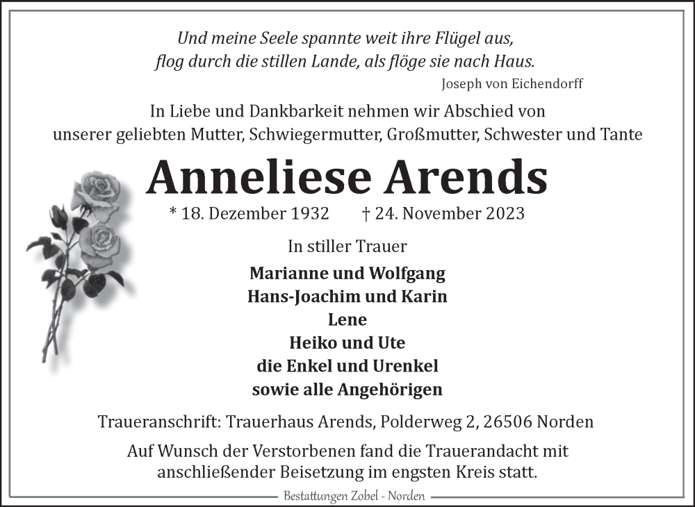  Traueranzeige für Anneliese Arends vom 02.12.2023 aus Ostfriesischer Kurier GmbH