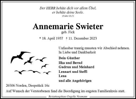 Traueranzeige von Annemarie Swieter von Ostfriesischer Kurier GmbH