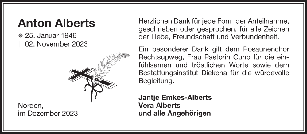  Traueranzeige für Anton Alberts vom 09.12.2023 aus Ostfriesischer Kurier GmbH