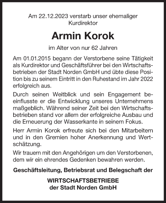 Traueranzeige von Armin Korok von Ostfriesischer Kurier GmbH