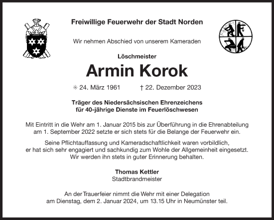 Traueranzeige von Armin Korok von Ostfriesischer Kurier GmbH