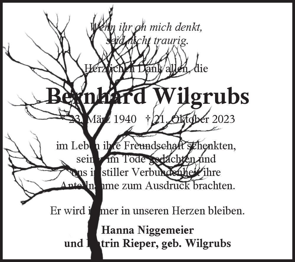  Traueranzeige für Bernhard Wilgrubs vom 23.12.2023 aus Ostfriesischer Kurier GmbH