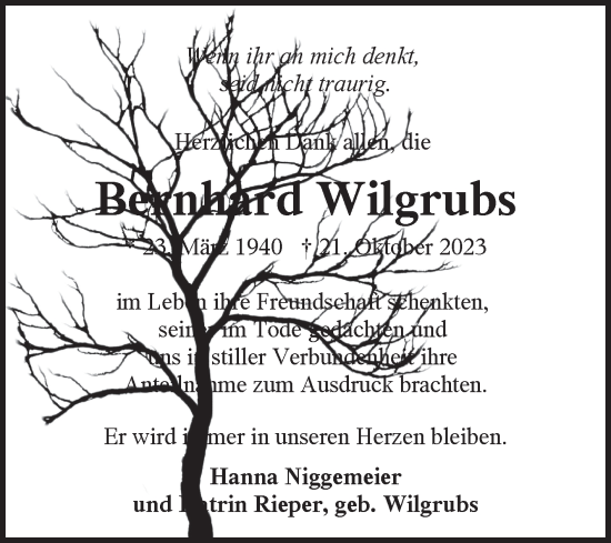 Traueranzeige von Bernhard Wilgrubs von Ostfriesischer Kurier GmbH