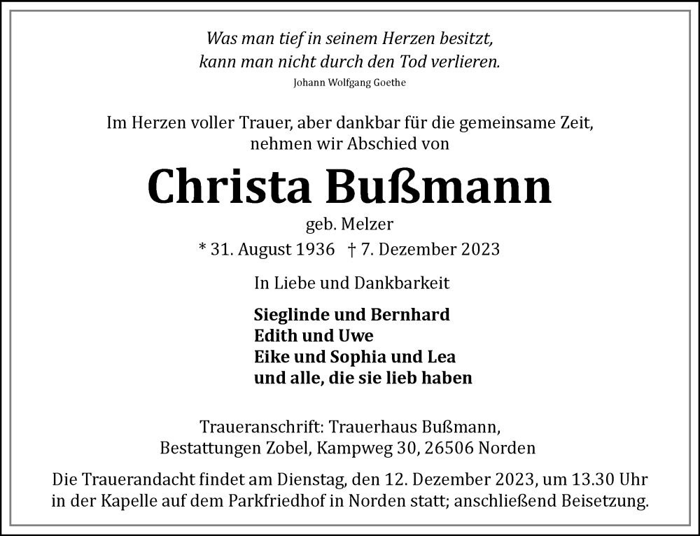  Traueranzeige für Christa Bußmann vom 09.12.2023 aus Ostfriesischer Kurier GmbH