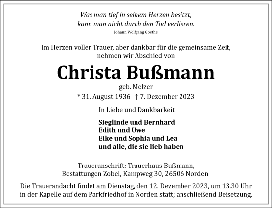 Traueranzeige von Christa Bußmann von Ostfriesischer Kurier GmbH