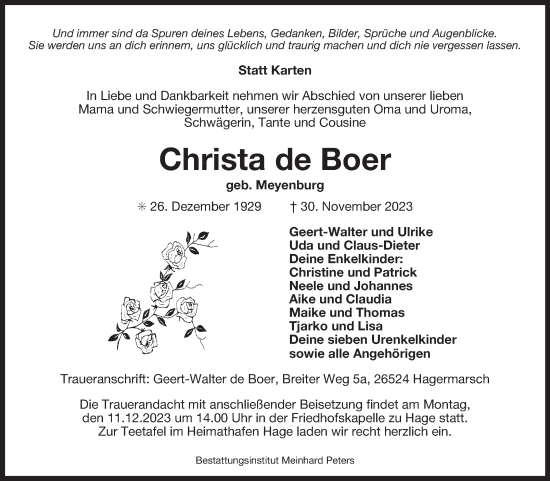 Traueranzeige von Christa de Boer von Ostfriesischer Kurier GmbH