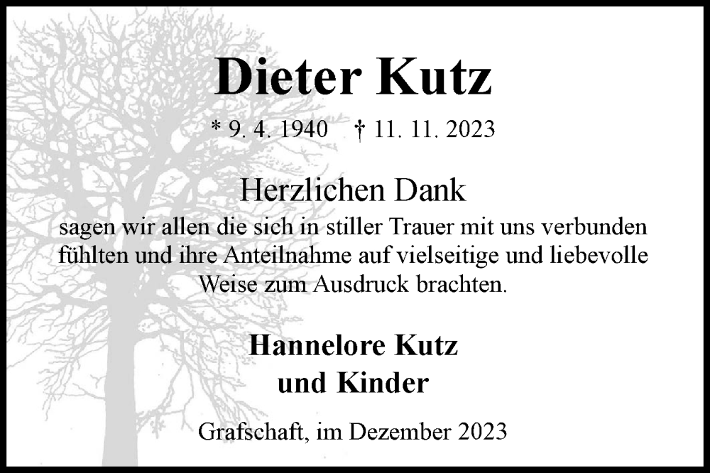  Traueranzeige für Dieter Kutz vom 16.12.2023 aus Ostfriesischer Kurier GmbH
